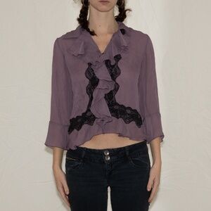 Y2k purple ruffle blouse with black lace mesh size small sunny leigh